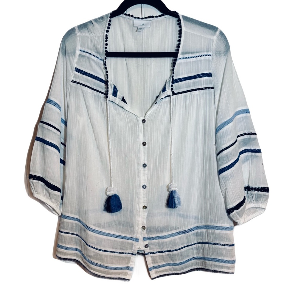 J. Jill Blue and White Relaxed Blouse with Sailor Collar